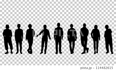 Silhouettes of nine men standing side by side 114482615