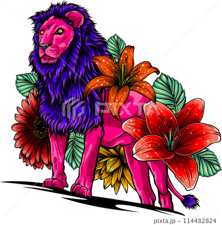 lion with flowers, vector graphics color illustration on white background 114482824