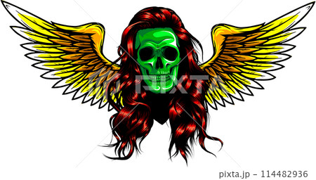 vector illustration of Human skull with wings on white background. digital hand draw 114482936