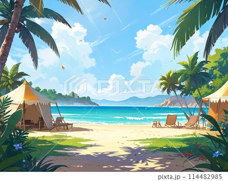 リゾートの青い海とビーチパラソル 114482985