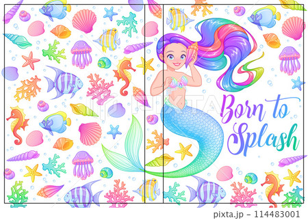 Diary or journal cover vector design with mermaid and sea creatures. 114483001