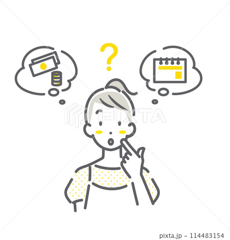 必要な費用と期間を考える若い女性　シンプルでお洒落な線画イラスト 114483154