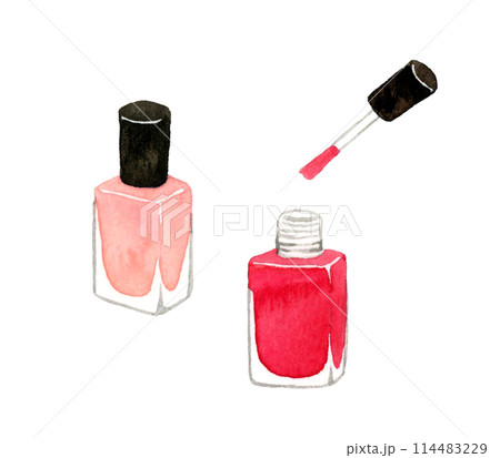 赤色とピンク色のマニキュア　手描き水彩イラスト素材 114483229