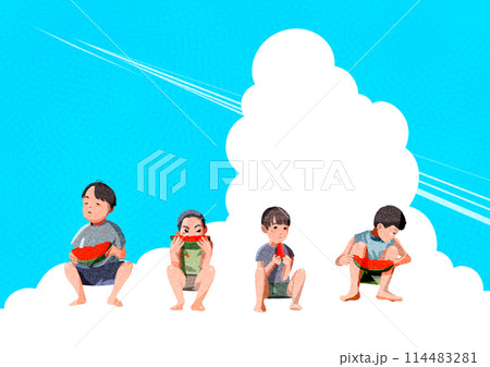 夏休みにスイカを食べる男の子たち 夏休みにスイカを食べる男の子たち 114483281
