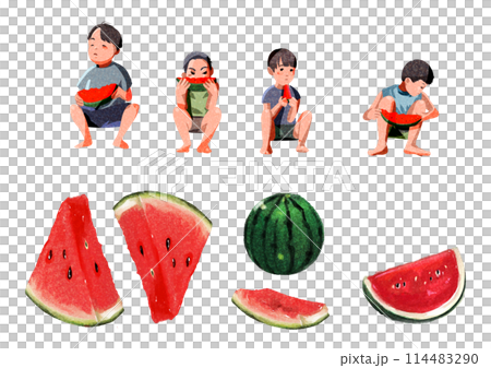 夏休みにスイカを食べる男の子たち 114483290