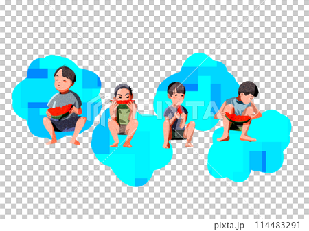 Boys eating watermelon during summer vacation Boys eating watermelon during summer vacation 114483291