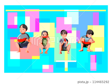 夏休みにスイカを食べる男の子たち 114483292