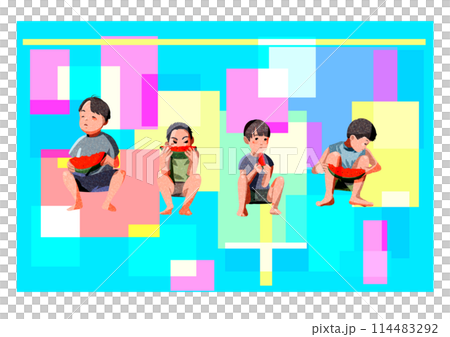 夏休みにスイカを食べる男の子たち 114483292