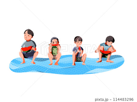 夏休みにスイカを食べる男の子たち 114483296