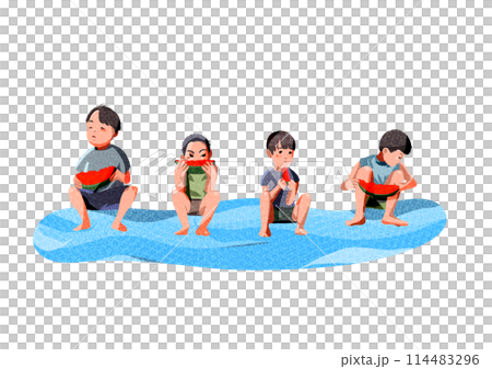夏休みにスイカを食べる男の子たち 114483296