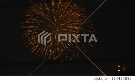都市の夜空を彩る華麗な花火と電線 114483653