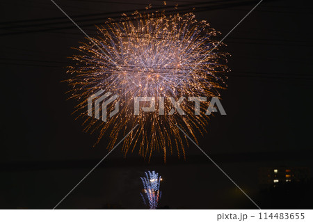 都市の夜空を彩る華麗な花火と電線 都市の夜空を彩る華麗な花火と電線 114483655