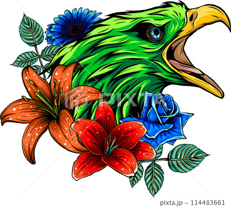 vector illustration of eagle head with flower on white background 114483661
