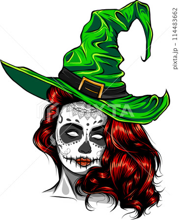 beautiful witch in a classic hat and coloured hair vector illustration design 114483662