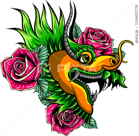 vector illustration of Chinese dragon head on white background. digital draw vector illustration of Chinese dragon head on white background. digital draw 114483716