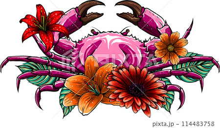vector illustration of crab with flower on white background 114483758