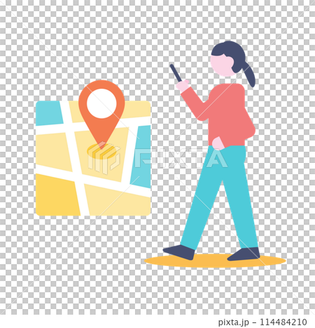一位女士一邊走路一邊查看智慧型手機上的地圖應用程式 114484210