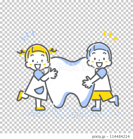 健康な歯と子供たち　シンプルでお洒落な線画イラスト 114484224