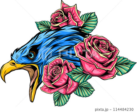 vector illustraion of eagle with flower roses on white background 114484230