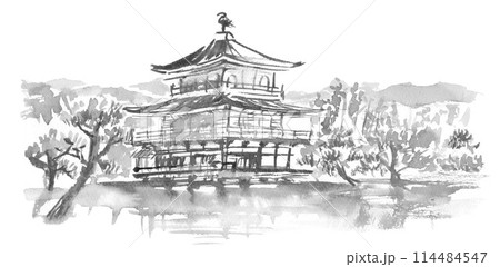 水墨画風の金閣寺の風景イラストのイラスト素材 [114484547] - PIXTA
