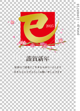 Year of the Snake New Year's card template - Red square and plum blossom with brush writing "Snake" - A - New Year's postcard 114484718