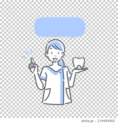 牙齒衛生員微笑著解釋牙齒 — 簡單時尚的線條畫插圖 114484802