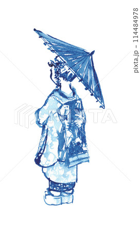 水墨画風の和傘をさした舞妓さんのイラスト 114484978