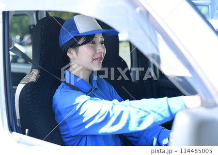 屋外で荷物を運ぶ配送ドライバーの女性 屋外で荷物を運ぶ配送ドライバーの女性 114485005
