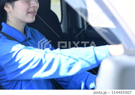 屋外で荷物を運ぶ配送ドライバーの女性 屋外で荷物を運ぶ配送ドライバーの女性 114485007