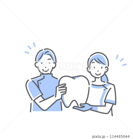笑顔の歯科医師と歯科衛生士　シンプルでお洒落な線画イラスト 114485044