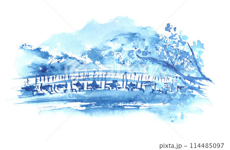 水墨画風の渡月橋の風景イラスト 114485097