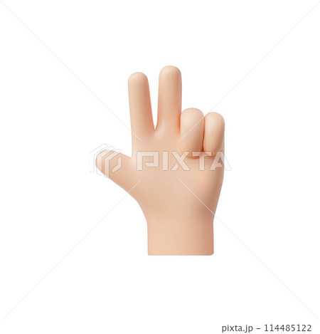 3D vector hand gives a victory sign, an iconic symbol of win on a white background 114485122