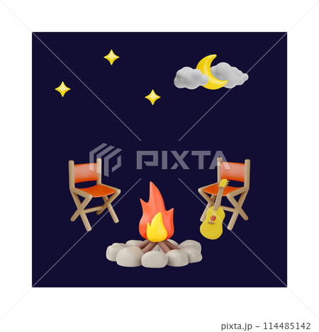 Relaxation by campfire with guitar against of the night sky with the moon and stars 3D vector, folding chair, camping 114485142