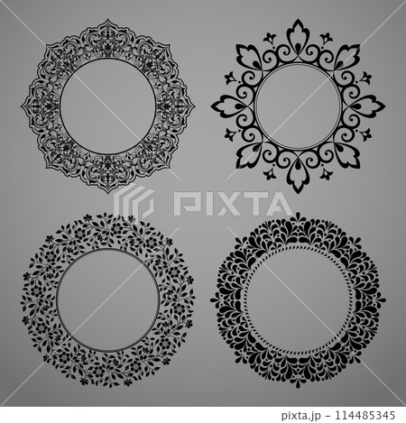 Set of decorative frames Elegant vector element for design in Eastern style, place for text. Floral black and gray borders. Lace illustration for invitations and greeting cards 114485345