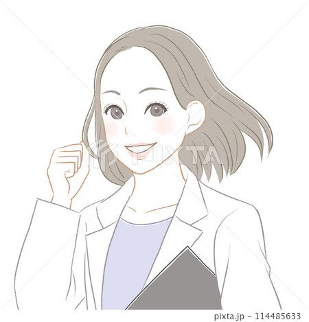 笑顔でガッツポーズをする白衣の女性 114485633