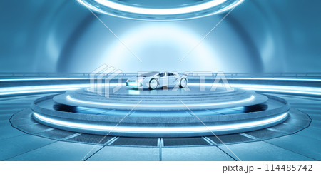 Futuristic car in high-tech showroom Futuristic car in high-tech showroom 114485742