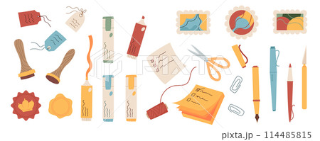 Flat style stationery and postal stamps set, trendy cartoon pen, pencil and highlighter marker with wax seal, badge and scissors colorful vector collection, handwritten label, note and sheet of paper Flat style stationery and postal stamps set, trendy cartoon pen, pencil and highlighter marker with wax seal, badge and scissors colorful vector collection, handwritten label, note and sheet of paper 114485815