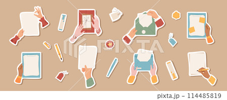 Flat hands with blank mail and letters sticker set illustration, colorful isolated hand writing letter template patch, woman sends envelope and package, cartoon character holds sheet of paper. 114485819