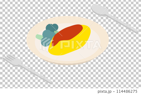 煎蛋捲米飯和西蘭花的等距插圖 煎蛋捲米飯和西蘭花的等距插圖 114486275