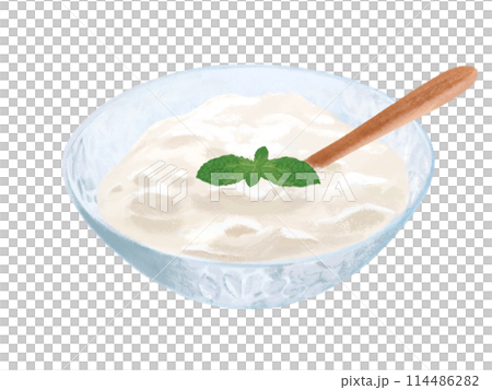 Yogurt (with mint leaves and wooden spoon) 114486282