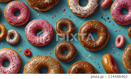 Delicious doughnuts with sprinkles on white light background Delicious doughnuts with sprinkles on white light background 114486462
