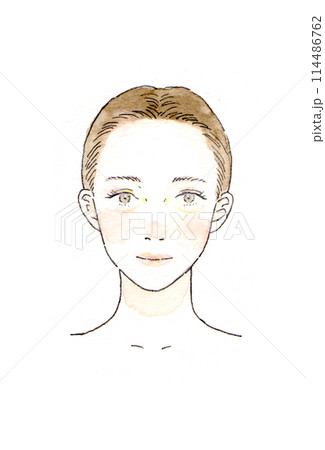 アナログ透明水彩イラスト　女性の正面の美容イメージのイラストレーション 114486762