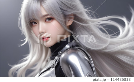 動きのあるオシャレなシルバーの髪を持つ美しくかわいい若い女性モデル。 美容イメージ　AI生成 114486838