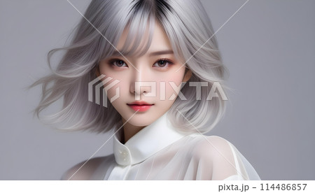動きのあるオシャレなシルバーの髪を持つ美しくかわいい若い女性モデル。 美容イメージ AI生成 動きのあるオシャレなシルバーの髪を持つ美しくかわいい若い女性モデル。 美容イメージ AI生成 114486857