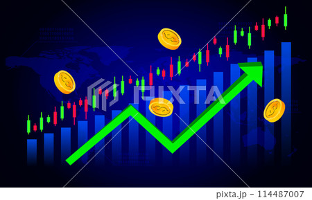 green arrow up with coins and candlestick chart Stock Market Finance Technology vector illustration green arrow up with coins and candlestick chart Stock Market Finance Technology vector illustration 114487007