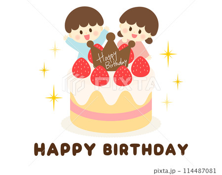 誕生日_ケーキと喜ぶ子供(男の子と女の子) 114487081