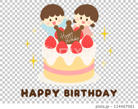 誕生日_ケーキと喜ぶ子供(男の子と女の子) 114487081