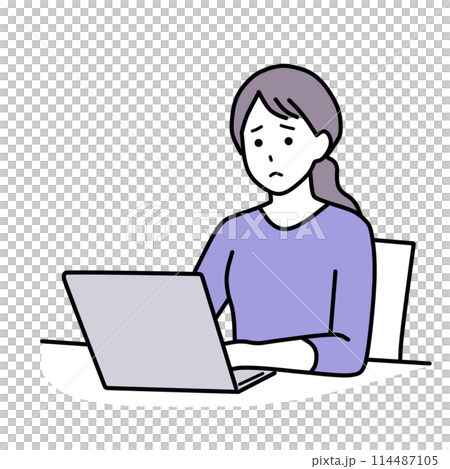 一個滿臉困擾、穿著休閒服操作電腦的女人，簡單 114487105