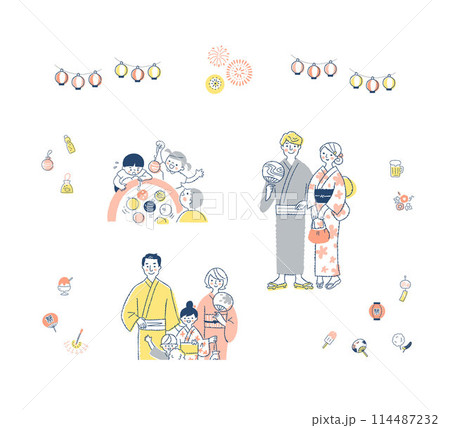 日本の祭りのイメージ　人物とアイコンセット 114487232