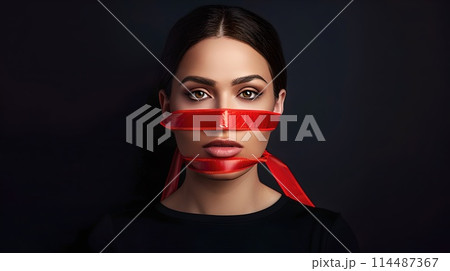 Portrait of a woman with red ribbon on face against a dark backdrop. Creative concept, beauty shot. Expressive and stylish photography. AI Portrait of a woman with red ribbon on face against a dark backdrop. Creative concept, beauty shot. Expressive and stylish photography. AI 114487367